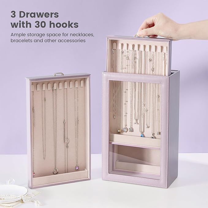 Lolalet Necklace Organizer Box, Jewelry Storage Box with Clear Window for Necklaces Bracelets, Tangle-Free Necklace Display Case for Women Girls -Dusty Purple, 3 Layers 30 Hooks