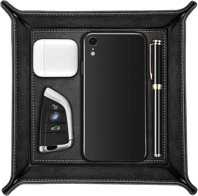 SITHON Valet Tray Desktop Storage Organizer Ã¢ÂÂ Premium PU Leather Catchall Bedside Vanity Tray Nightstand Caddy Holder for Keys, Phone, Wallet, Coin, Jewelry, Valentine's Day Gift, Black