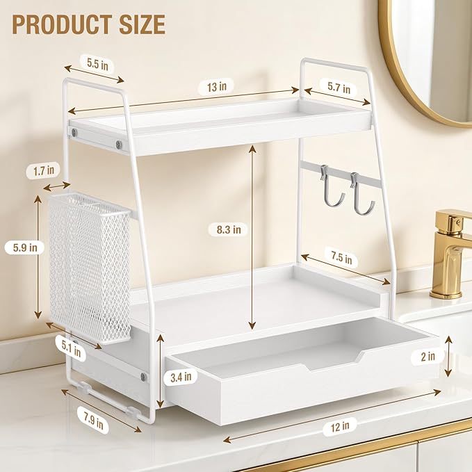 2 Tier Bathroom Counter Organizer Wood - Tiered Bathroom Countertop Shelf with Drawer, Removable Basket & 2 Hooks, Makeup Vanity Organizer for Skincare Perfume Toiletries, 13'' White