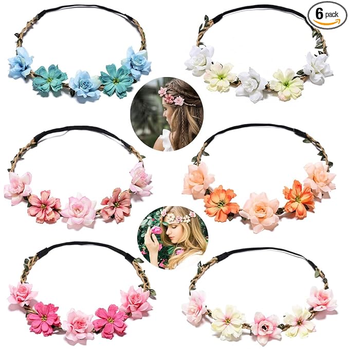 Women Headpieces Collection Accessories - 6 PCS Boho Hair Wreaths, Flower Crowns, Tiaras for , Brides, Bridesmaids, Flower Girls, Weddings