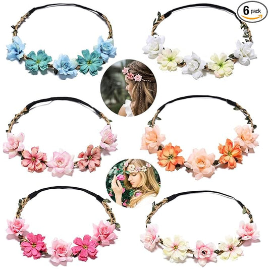 Women Headpieces Collection Accessories - 6 PCS Boho Hair Wreaths, Flower Crowns, Tiaras for , Brides, Bridesmaids, Flower Girls, Weddings