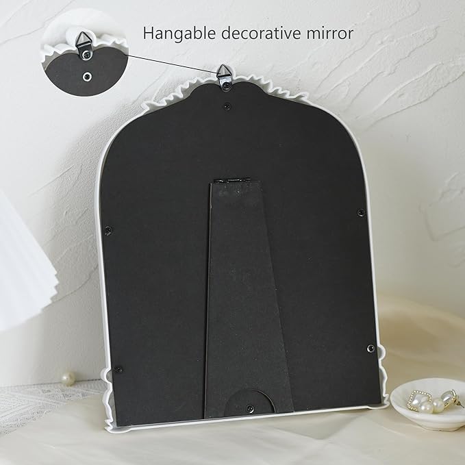 Antique White Plastic Arched Makeup Mirror, Standing, Hanging or Wall Mount, Bathroom, Living Room, Bedroom White and Gold Decorative Mirror (10.6 x 8.6 inch)