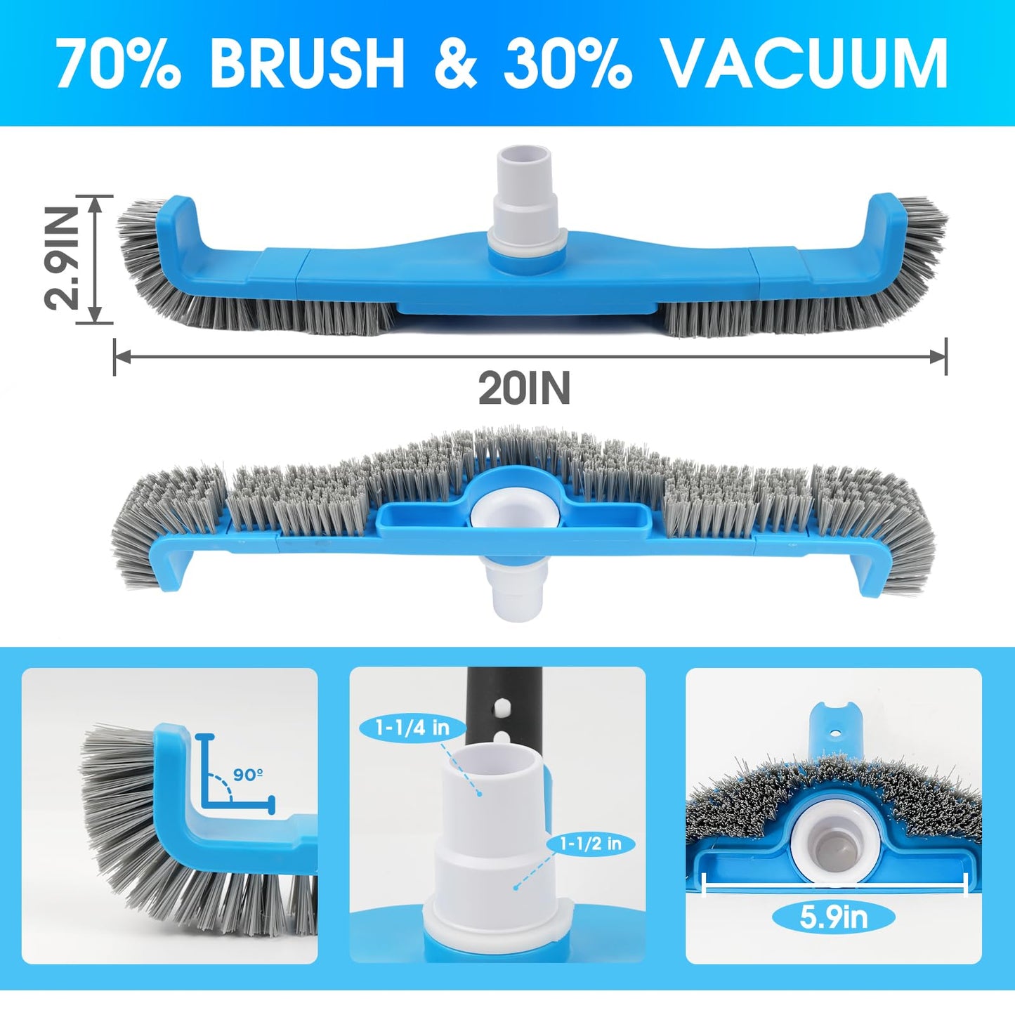 (2026 Upgraded) 20" 2 in 1 Pool Brush Vacuum Head with Swivel Hose Connection & Sturdy Nylon Bristles for Heavy Duty Inground & Above- Ground Pool Cleaning - Connecting 1-1/4" or 1-1/2" Hose (No Pole)