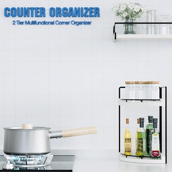 Corner Bathroom Counter Organizer, 2 Tier Wood Vanity Storage, Waterproof Skincare Shelf for Kitchen & Toiletries Decor, Dresser (White-2 Tier)