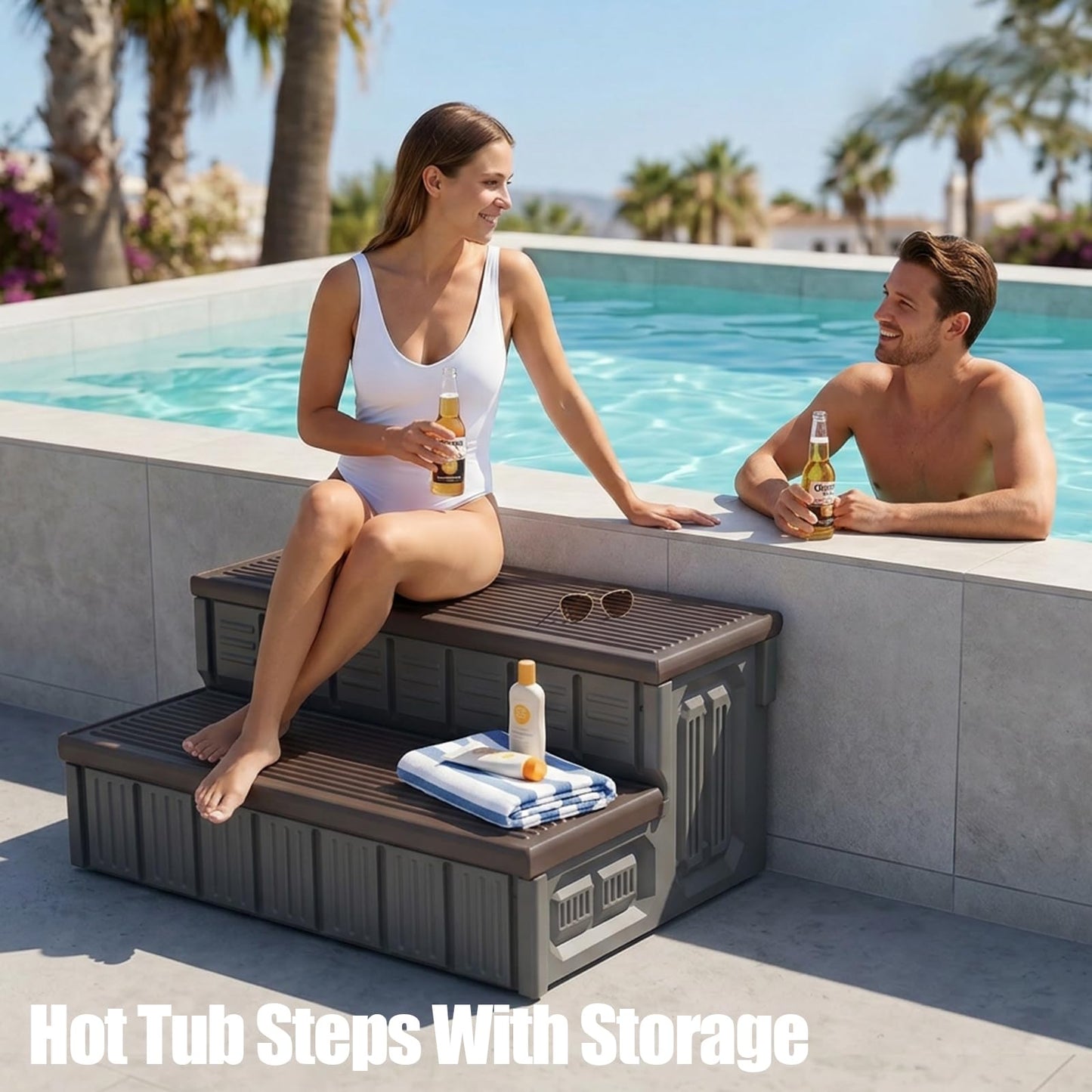 Hot Tub Steps, Outdoor Spa Steps with Storage, Non-Slip & Sturdy Hot Tub Stairs, 36 Inches Long