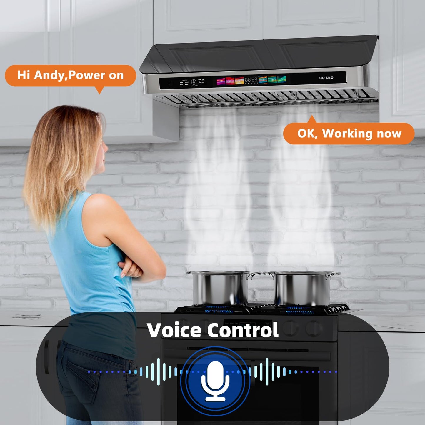 Under Cabinet Range Hood 36 Inch with Voice/Gesture/Touch Control, 900 CFM Stainless Steel & Upgraded Black Tempered Glass Ducted Kitchen Vent Hood with 4 Speed, Memory Mode, Adjustable Lights