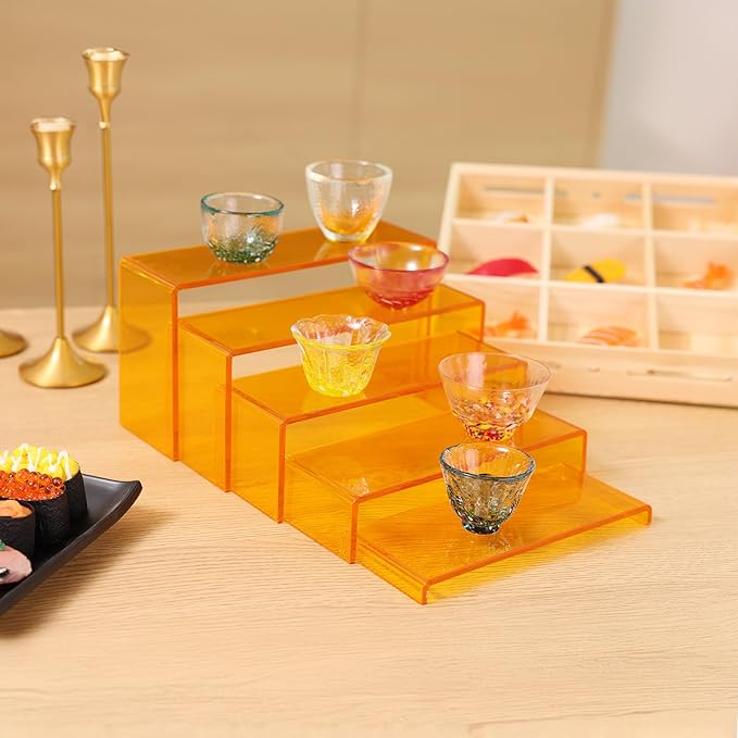Goabroa Display Risers, 2 Sets 5 Tier Rectangular Risers Display Stands, Display Shelves for Figures, Cupcake, Perfume Display, Transparent Orange