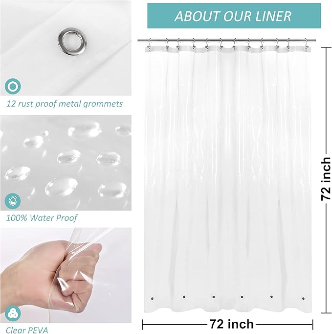 Mrs Awesome Extra Long Shower Curtain Liner with 6 Magnets 72 x 84 inch, Clear PEVA 8G Heavy Duty Thick Plastic Shower Curtain, Waterproof, 72x84