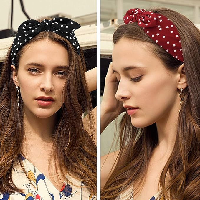 Jaciya Knotted Bow Headbands for Women Turban Wide Headband for Gilrs Knot Headband Polka Dot Headbands with Rabbit Ears