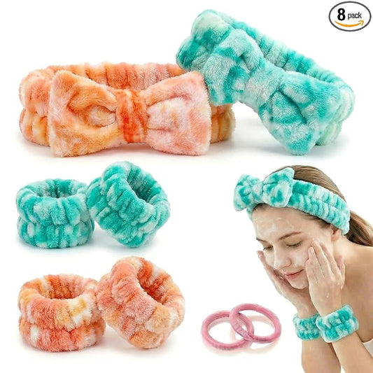 8 Pcs Spa Headband and Wristbands Set for Washing Face, Soft Face Wash Headbands Wrist Bands for Women with Scrunchies, Absorbent Wrist Towels, Makeup Hairband for Skincare, Yoga, and Teen Girls Gifts