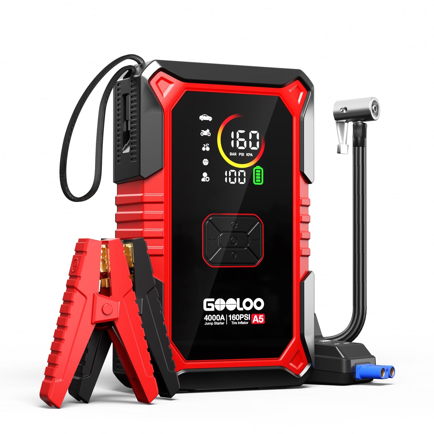 GOOLOO A5 Jump Starter with Air Compressor, 4000A Car Battery Jump Starter (All Gas/10.0L Diesel) with 160PSI Tire Inflator Auto-Off, 45W PD Fast Charging, 12V Jump Box Car Jumper Starter Portable
