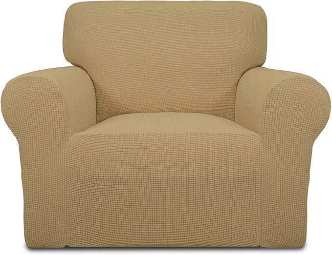 Easy-Going Stretch Chair Sofa Slipcover 1-Piece Couch Sofa Cover Furniture Protector Soft with Elastic Bottom for Kids, Pet. Spandex Jacquard Fabric Small Checks (Chair, Golden)