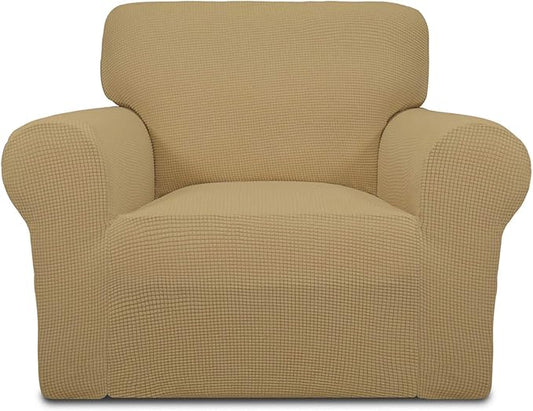 Easy-Going Stretch Chair Sofa Slipcover 1-Piece Couch Sofa Cover Furniture Protector Soft with Elastic Bottom for Kids, Pet. Spandex Jacquard Fabric Small Checks (Chair, Golden)
