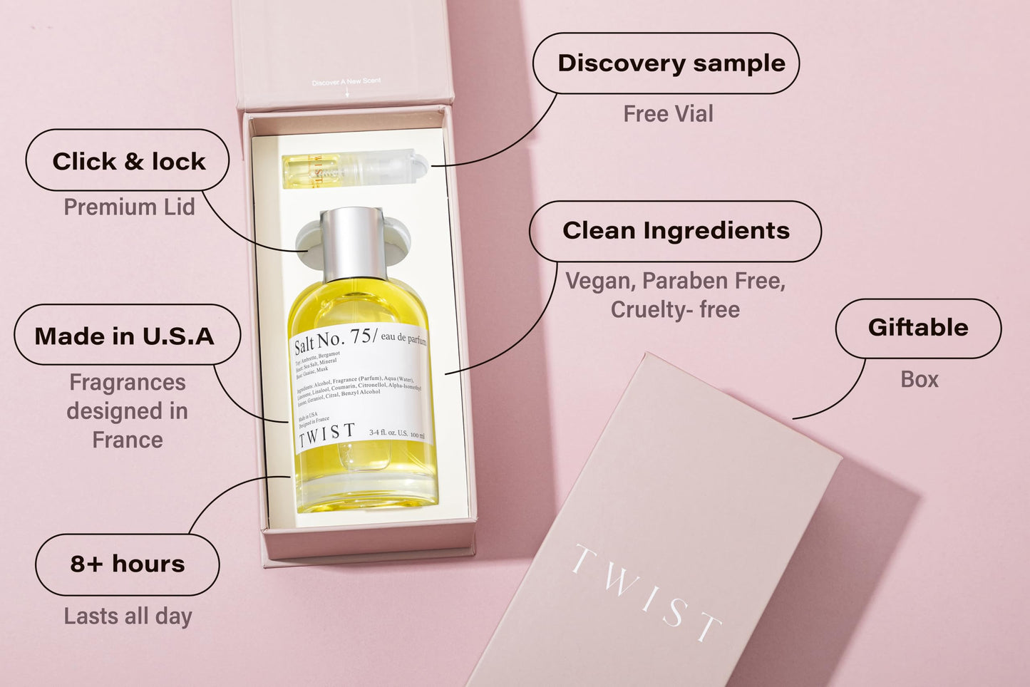 Twist Salt No. 75 - Eau De Parfum Inspired by J. Malone Wood Sage & Sea Salt, Long-Lasting Perfume For Women & Men, Paraben Free, Vegan, Clean Ingredients, Unisex - Spray 100 ml | 3.4 fl. oz.