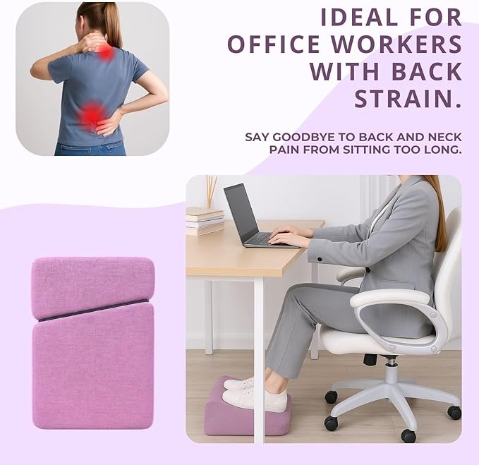 Purple Adjustable Foot Rest for Under Desk at Work – Ergonomic Linen Memory Foam Footrest Pillow with Breathable Washable Cover, DIY Height Adjustment for Office Chair, Gaming, Home & Travel Use
