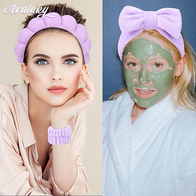 6 Pcs Terry Cloth Spa Headbands and Wristbands - Sponge Makeup Removal Headbands for Skincare, Shower, and Face Washing