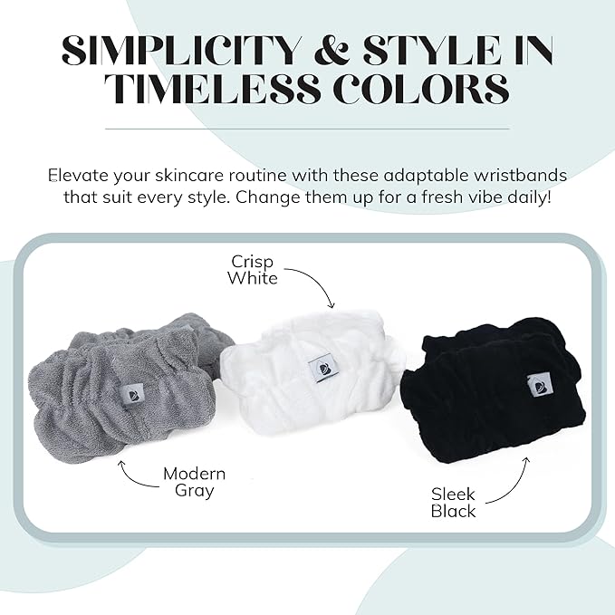 Wrist Bands for Washing Face (6pcs) Ã¢ÂÂ Soft, Absorbent Bamboo Viscose & Polyester Spa Wristbands Prevent Water from Spilling Down Arms | Fast-Drying, Shed-Free Cuffs in Black, White, Gray