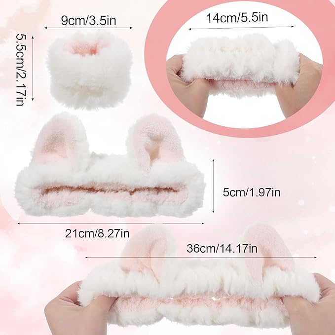Headbands for Women, Elastic Spa Headband with 2pcs Wristband Set, Cute Plush Cat Ears Puffy Head Band Makeup Hair Band for Washing Face Skincare Yoga Facial Mask(White)