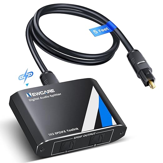 NEWCAER Digital Optical Splitter 1 in 2 Out,SPDIF Toslink Digital Optical Audio Cable Splitter 1x2 Support LPCM2.0 Doldy Digital & DTS 5.1 for Xbox,PS4,PS5,DVD,TV Box,Home Theatre, Receiver,Sound Bar