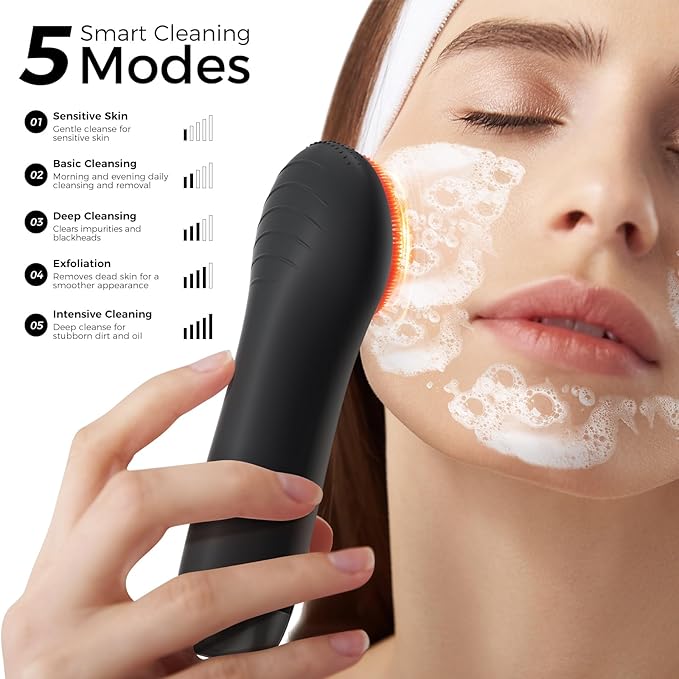 Face Scrubber Facial Cleansing Brush - Waterproof and Rechargeable Face Cleansing Brush with 4 LED Gentle Light, Cleansing, Exfoliating and Massaging, Electric Face Scrub Brush for Men & Women