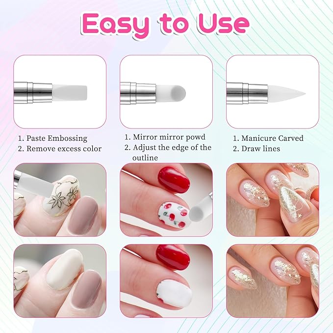 3 Pcs Nail Art Sculpture Pen, Dual Tipped Silicone Nail Tools, Silicone Head Acrylic Handle Nail Art Brushes, Rhinestone Nail Polish Carving Pen, Nail Art Tools for Home Salon(White, Pink, Blue)