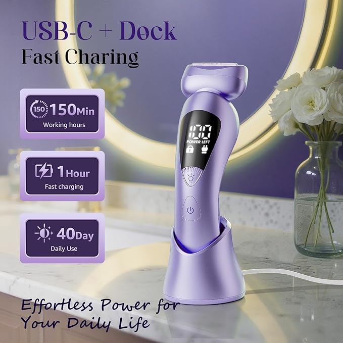 rategist Cordless Electric Razors for Women: Rechargeable Painless Bikini Trimmer for Body Hair - IPX7 Waterproof Shaver with LED Display for Face/Underarm/Leg Deep Purple