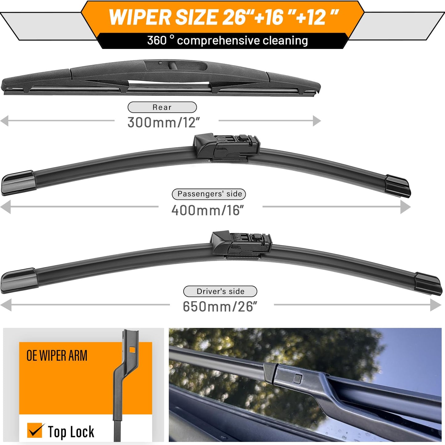 AUTOBOO 26"+16" Windshield Wipers with 12" Rear Wiper Blade Sets Replacement for Subaru Crosstrek Impreza 2018 2019 2020 2021 2022 2023-Original Factory Quality (Pack of 3)