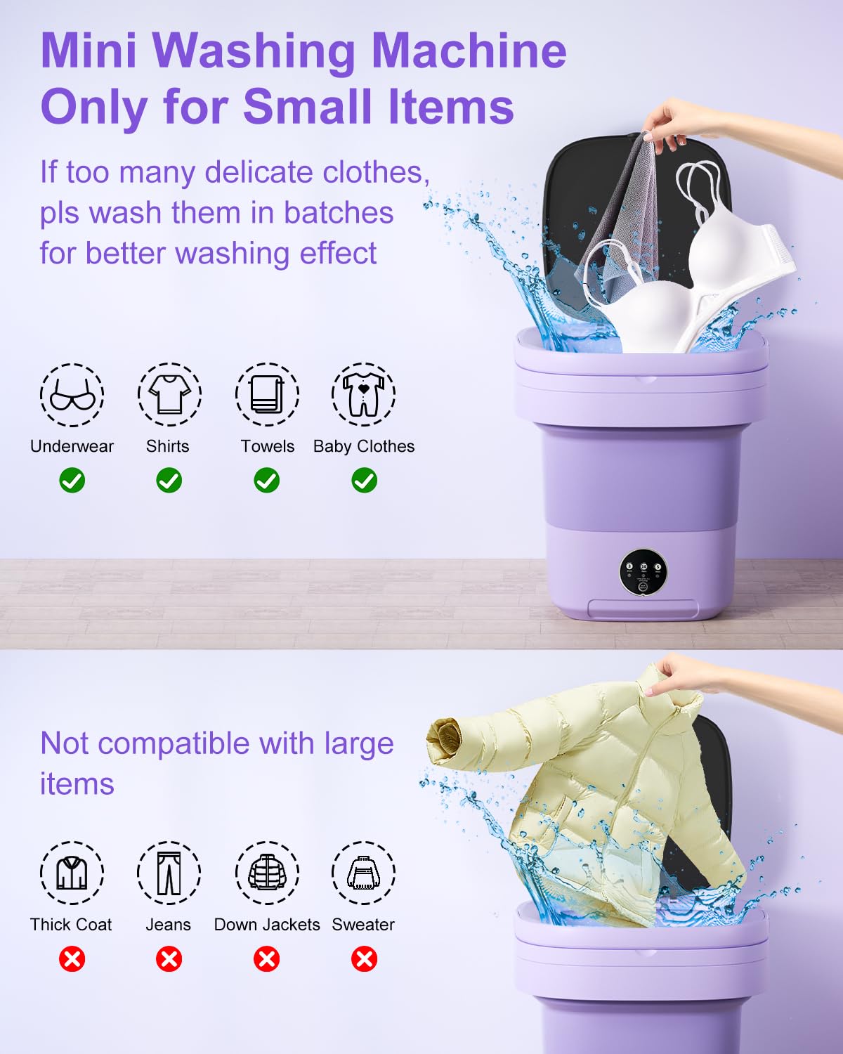 Portable Washing Machine, 16L Mini Washer for Apartments, RV & Travel | Folding Clothes Washer with Spin Basket & 3 Modes | Compact Washing Machine for Underwear, Socks, Baby Clothes (Purple)