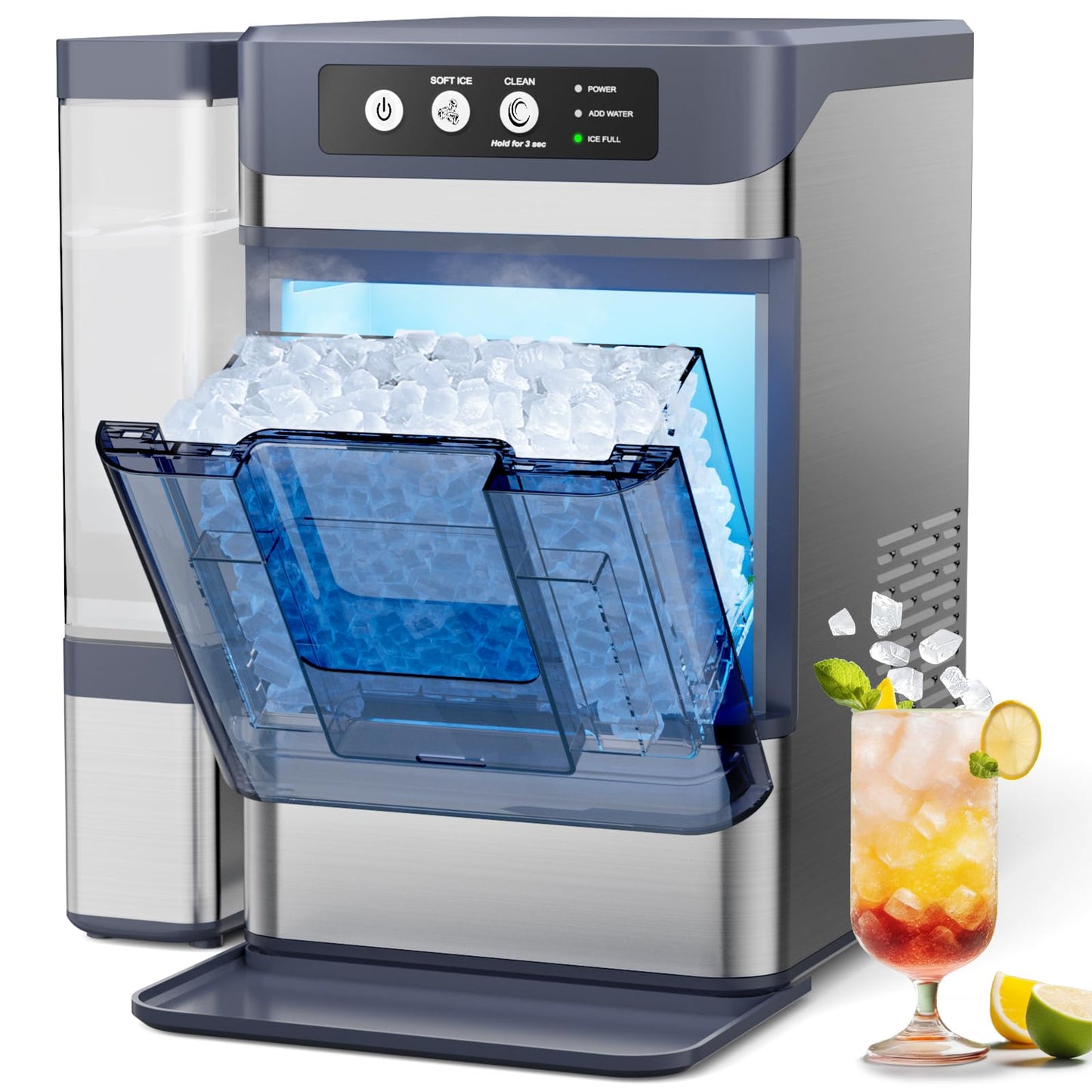Nugget Ice Maker Countertop, 44lbs/24H with 0.8 Gallon Tank, Chewable Soft Pellet Ice Ready in 5 Mins, Stainless Steel Countertop Ice Maker with Self-Cleaning for Home, Office, RV
