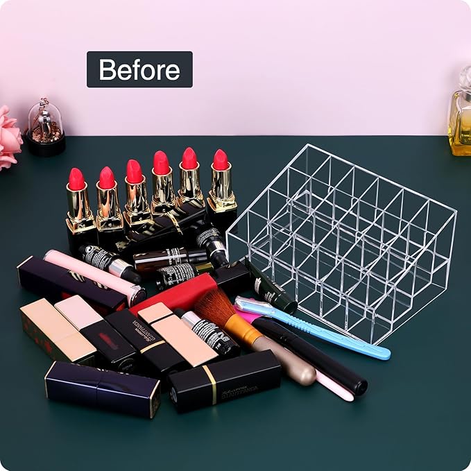 Lipstick Organizer,Small Clear Plastic Compact Lip Gloss Chapstick Perfume Sample Mascara Holder with 24 Slots