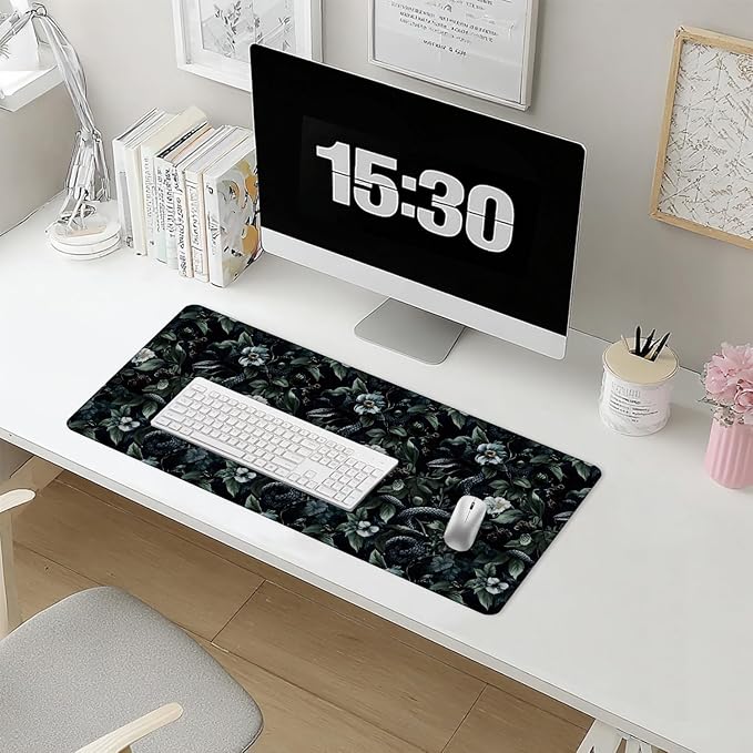 Dark Green Gothic Botanical Serpent Large Mouse Pad 31.5x15.7inch, Dark Academia Moody Witchy Floral Snake Big Extended Desk Mat Mousepad XL Gaming Keyboard Mat for Home Office Accessories