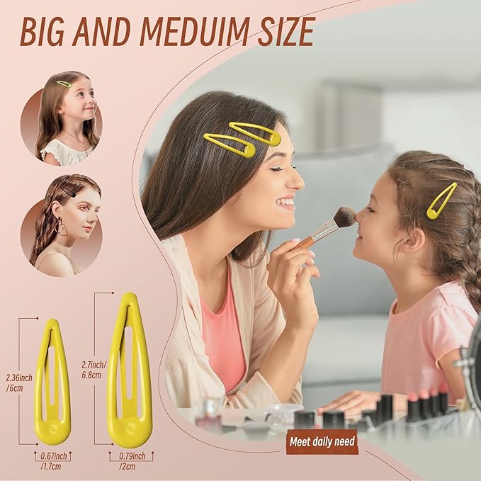 Metal Snap Hair Clips, No Slip Hair Clips for Thick/Thin Hair, 16pcs Medium Barrettes for Women Kids Hairstyle Makeup Accessories (8pcs 2.36inch & 8pcs 2.7inch) (Green Yellow)