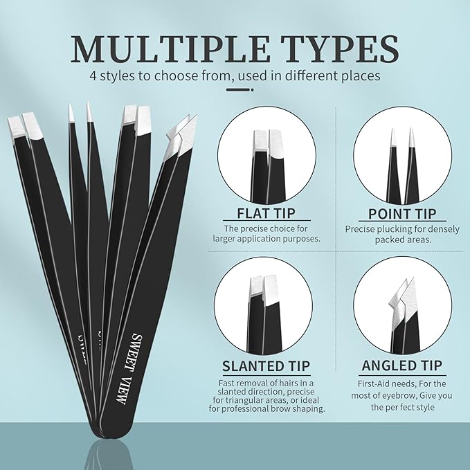 SWEET VIEW 7pcs Eyebrow Tweezers Kit for Women Precision Plucker with Brow Scissors & Razor & Spoolie for Facial, Chin, Brow, Splinter and Ingrown Hair