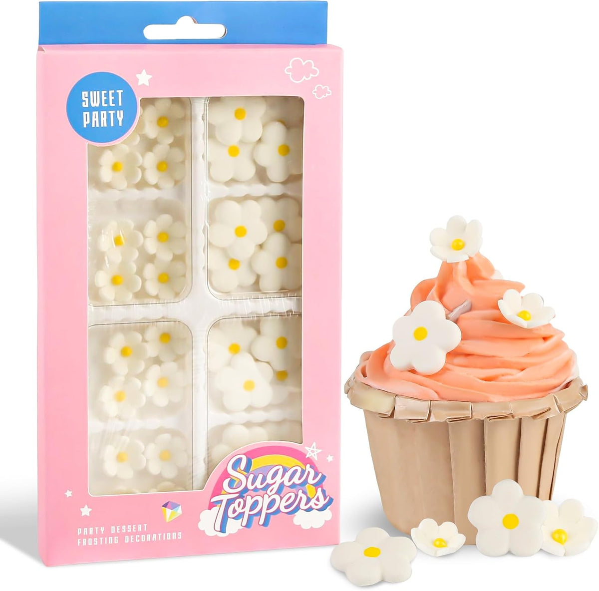 Royal Icing Flowers 32 Count Edible Mini White Blossoms Roses Daisy Sugar Flowers Cake Decorations for Baking Cupcakes Ice Cream Cookies Spring Waffles Cookies Wedding Birthday Cake Party