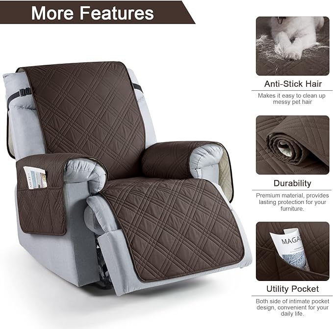 TAOCOCO 100% Waterproof Recliner Chair Cover, Oversized Recliner Covers for Large Recliner Chair with Double Straps, Non Slip Reclining Chair Cover for Kids, Pets(Oversized Recliner, Chocolate)