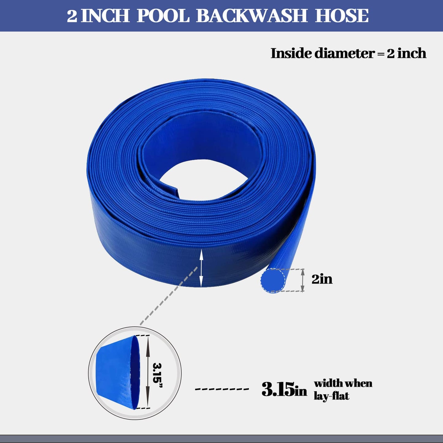 2 IN x 50 FT Pool Backwash Hose, Heavy Duty Flat Discharge Hose, Weather and Burst Resistant, Best Pool Hoses for Inground Pools, Pool Filter Hose & Pool Drain Hose