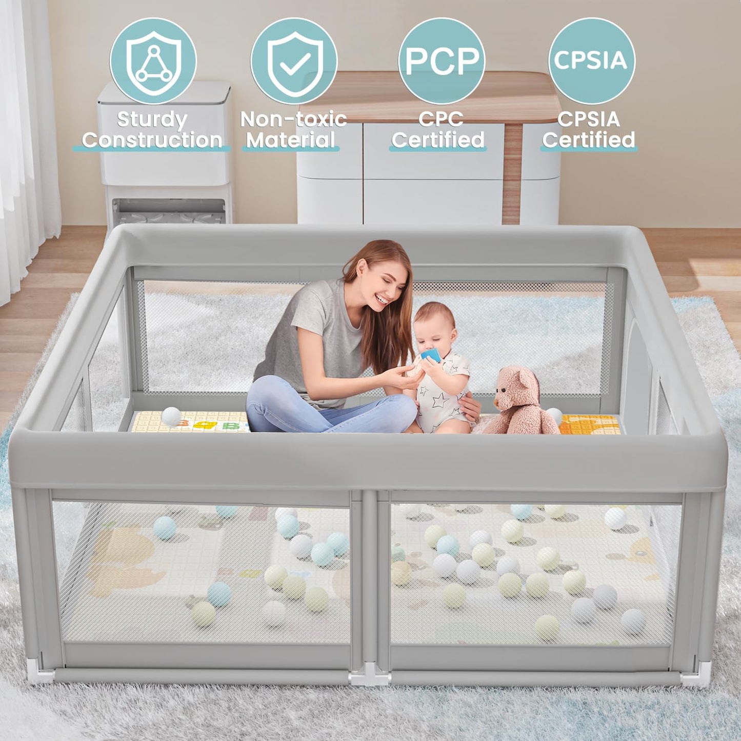 Hiaksedt 50 x 50 inch Baby Playpen with Mat Small Playpen for Babies and Toddlers Baby Fence Playards
