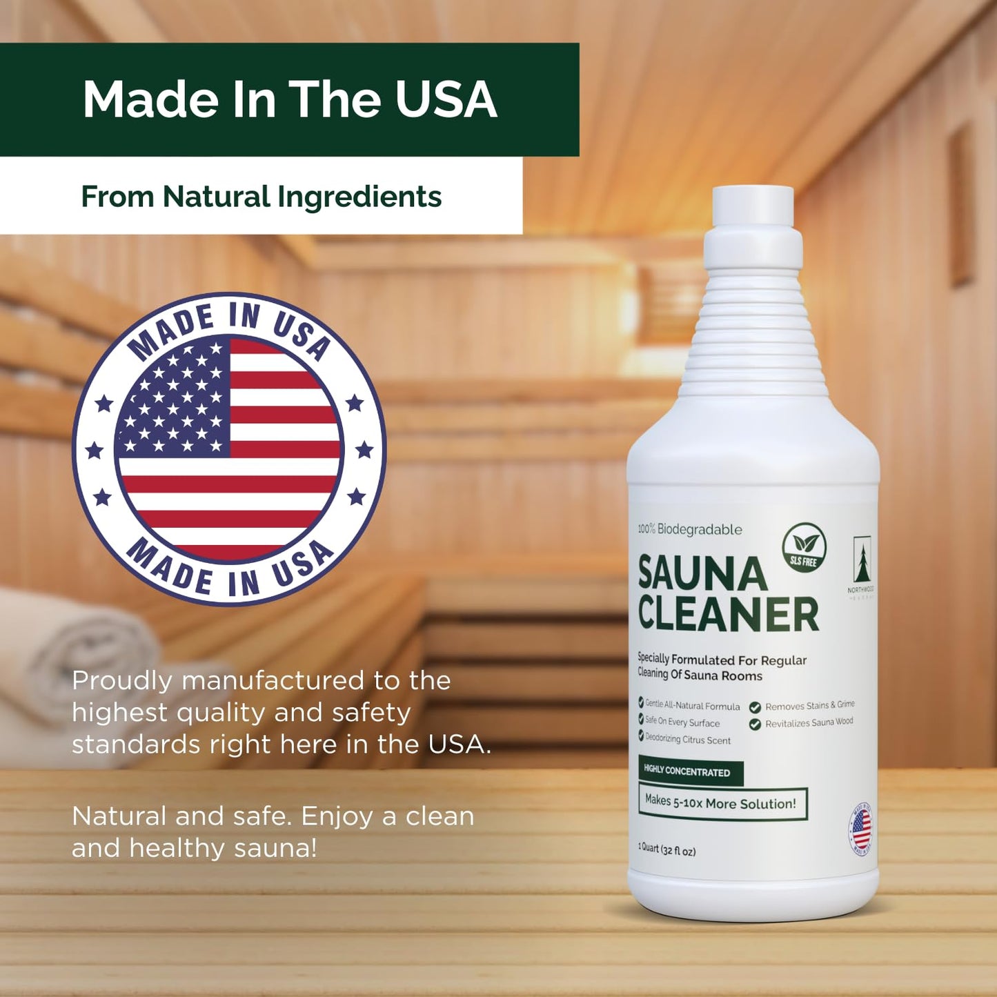 Northwood Sauna - Sauna Cleaner - Natural Wood Cleaner & Deodorizer - Makes 10x More Solution - 1 Quart (32 Fl Oz)