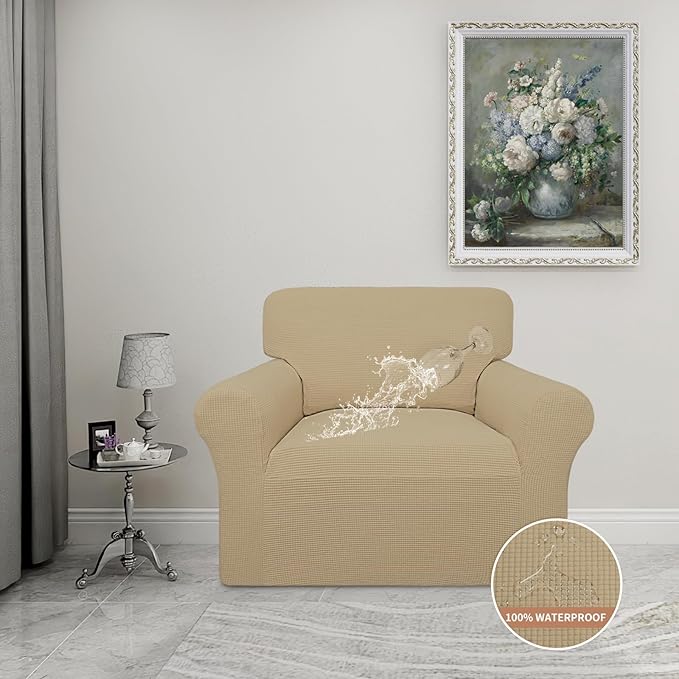 Easy-Going 100% Waterproof Chair Couch Cover, Dual Waterproof Sofa Cover, Stretch Jacquard Sofa Slipcover, Leakproof Furniture Protector for Kids, Pets, Dog and Cat (Chair, Sand)