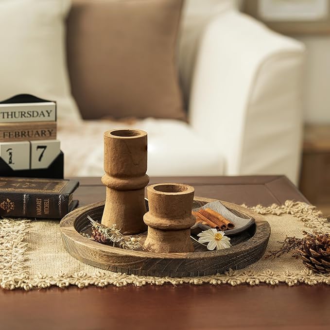 Romadedi Farmhouse Wooden Candle Tray - 11 Inch Round Decorative Trays for Coffee Table Dining Centerpiece Kitchen Counter Candle Holder Wood Trays for Christmas Rustic Home Decor