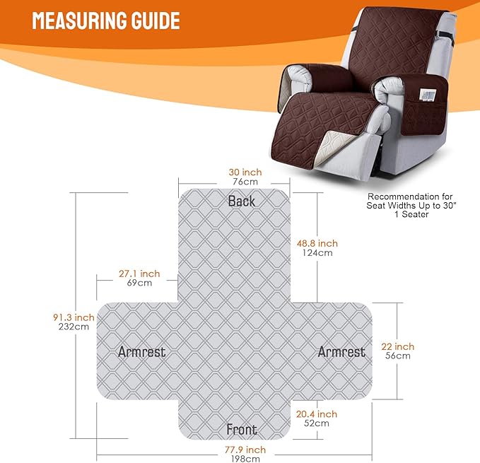 VANSOFY 100% Waterproof Recliner Chair Covers, Recliner Cover Non-Slip Dog Chair Cover Furniture Protector Washable Slipcover with Pocket, Elastic Straps for Pets, Dogs(Coffee, 30")