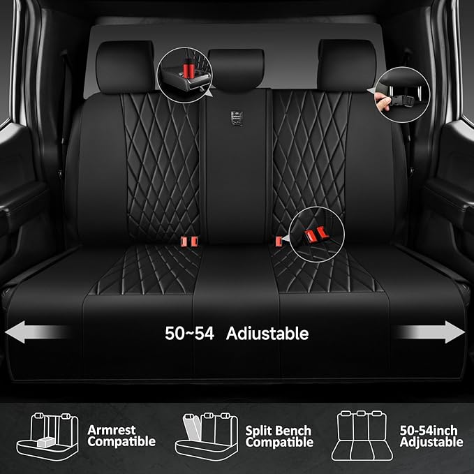CAR PASS 5 Seats Piping Luxury Faux Leather Seat Covers Full Set, Anti-Slip Waterproof Seat Covers Compatible with Front Armrests, Universal Fit for Suvs,Vans,Trucks,Airbag Compatible, Pure Black