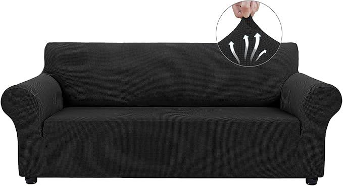 Asnomy Couch Covers for 3 Cushion Couch Sofa Pet Friendly, 3 Seater Sofa Cover Washable Slipcovers Protector Furniture Covers for Dogs Spandex Jacquard Fabric Small Checks（Large，Black）