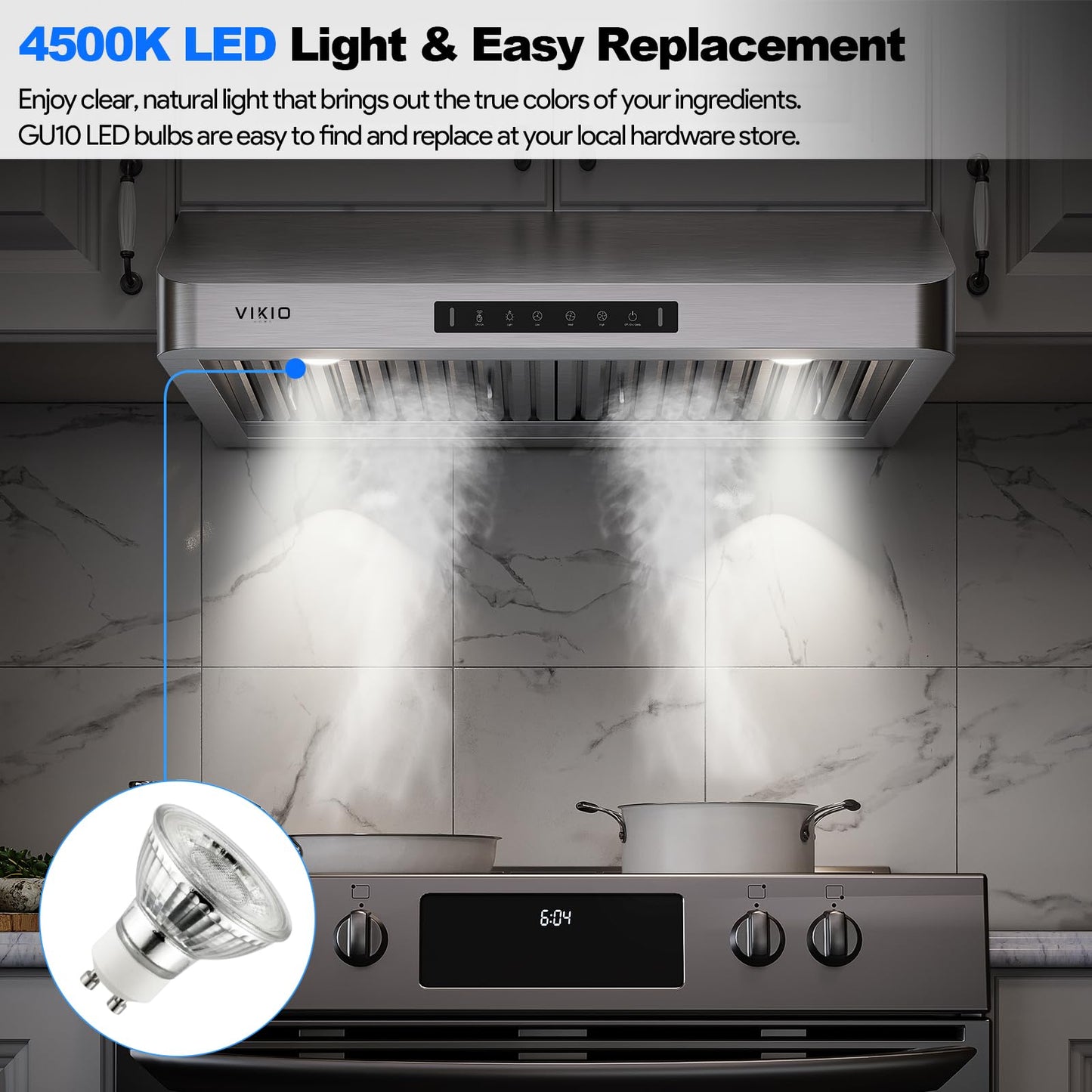 VIKIO HOME Range Hood 30 Inch Under Cabinet, Kitchen Hood with 980 CFM, 3-Speed Gesture Sensing & Touch Control Panel, Stainless Steel Vent 2 Pcs Baffle Filters with Handlebar