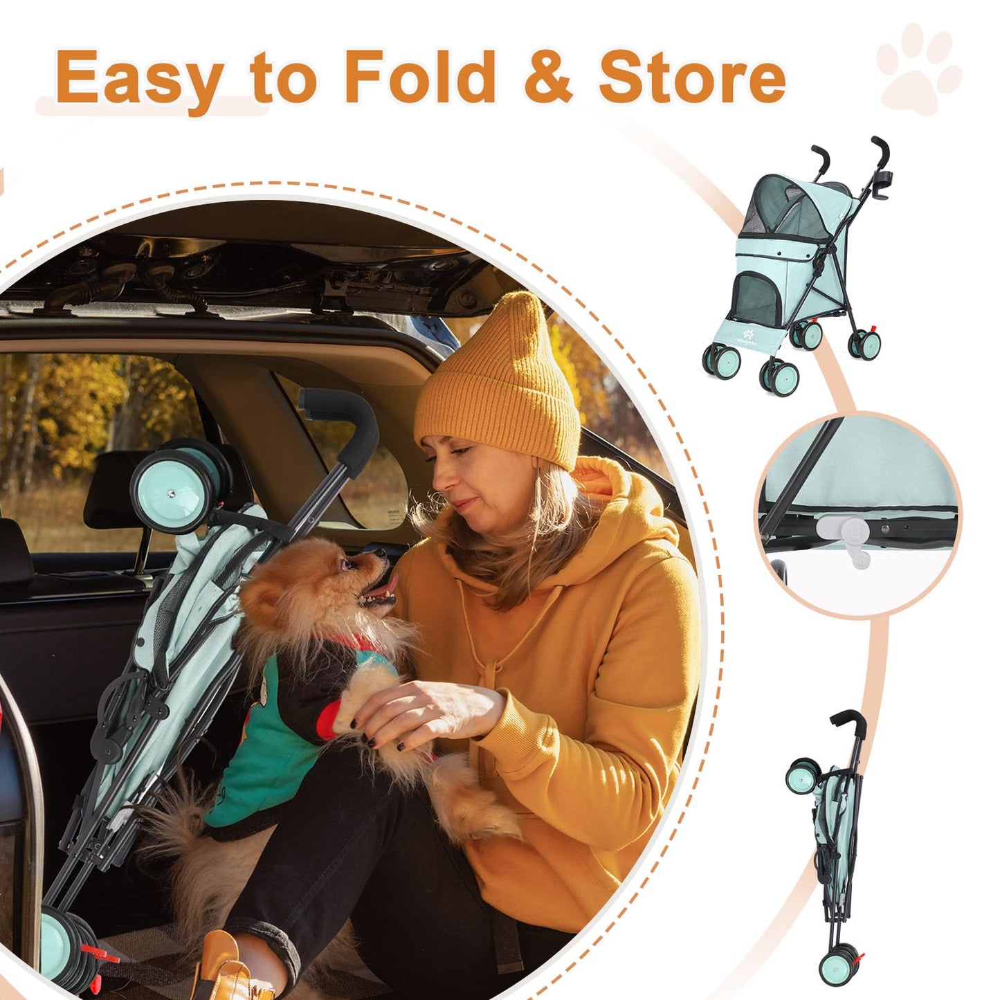 Umbrella Dog Stroller, 4 Wheels Pet Strolling, Foldable Carrier Pet Stroller for Small Dogs Cats, with Carrying Strap and Cup Holder, Dog Poop Bags & Dispenser, Up to 33 lbs, Cyan