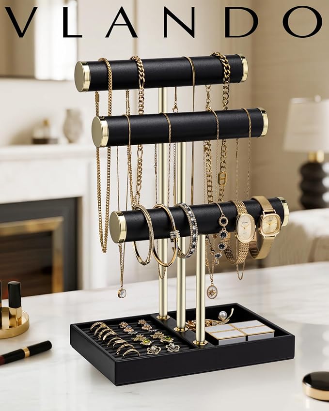 VLANDO 3 Tier Bracelet Holder Organizer with Tray - Leather Jewelry Stand Organizer for Women - Jewelry Holder Display for Necklace, Watches, Rings, Earrings, Bangle, Scrunchie - Cloud White