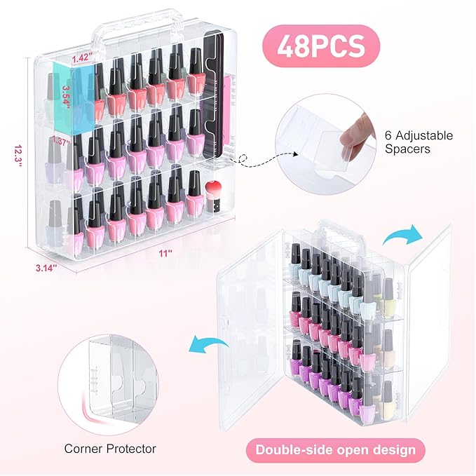 Beloving 2pcs Nail Polish Organizer, Portable 48 Bottles Clear Nail Polish Holder with Adjustable Divider, Gel Nail Polish Storage Double Side Nail Polish Organizer Case for Nail Tech