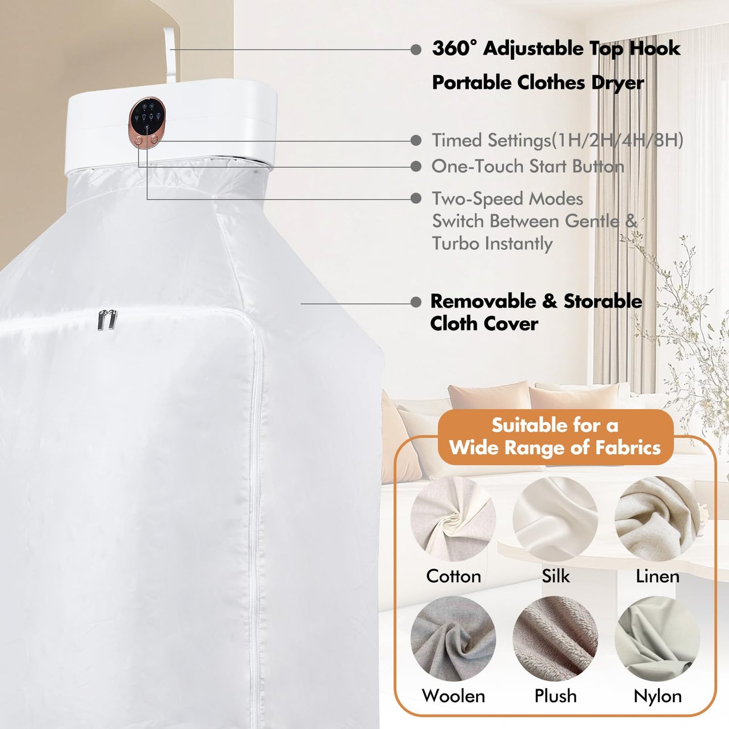 Portable Clothes Dryer for Laundry, Mini & Compact Dryer for Apartment, Dorms, RV, Travel, with 4 Timer Settings (1H/2H/4H/8H), 167°F Constant Temperature