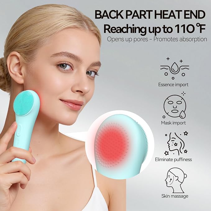 Rechargeable Silicone Facial Cleansing Brush for Women & Men - 5 Modes Waterproof Face Scrubber with Heat Massage, Deep Cleansing & Exfoliating Electric Face Brush (Green)