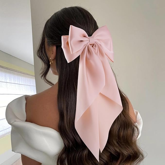 6Pcs Large Bows Hair Clips for Women Girls Long Tail Hair Ribbon Silky Satin Barrettes Coquette Bows Accessories (Pink/Peach/Wine Red/White/Black)